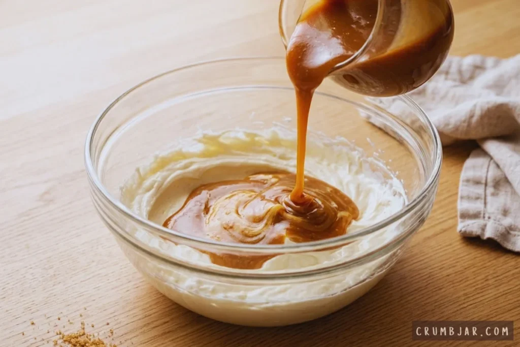 Pouring caramel sauce into a glass bowl of whipped cream cheese to prepare caramel apple dip.
