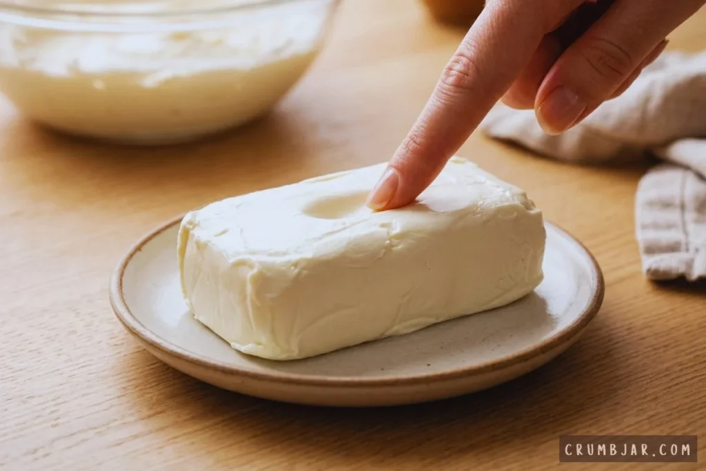 Finger pressing into a block of room-temperature softened cream cheese on a small ceramic plate.