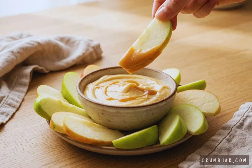 Hand dipping a crisp apple slice into a bowl of creamy caramel apple dip surrounded by fresh green and red apple slices.