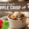 Warm individual apple crisp topped with vanilla ice cream in a white ramekin, featuring text overlay reading "Small-Batch Apple Crisp for 2".