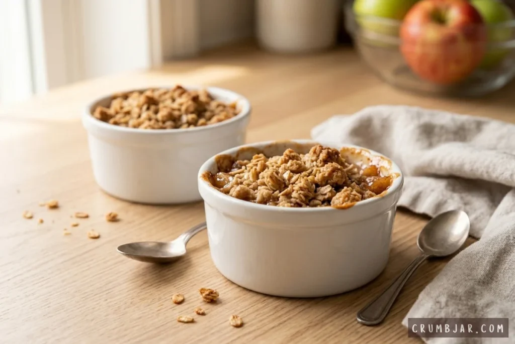 Two individual white ramekins filled with fresh-baked apple crisp topped with golden oat streusel, served with spoons on a wooden counter.