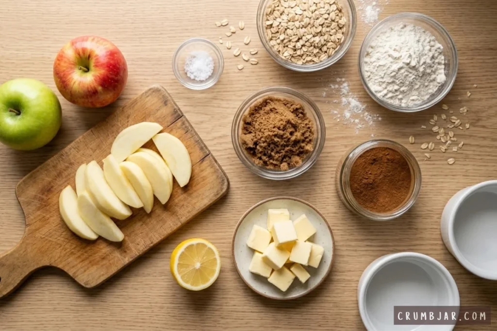 Ingredients for small-batch apple crisp for two, including sliced apples, rolled oats, flour, brown sugar, butter cubes, cinnamon, and lemon, arranged on a wooden table.