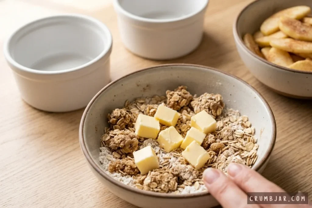 Cubes of cold butter added to a bowl of oats, brown sugar, and flour topping for a small-batch apple crisp.