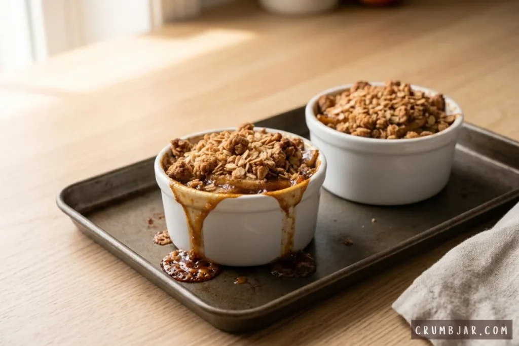 Two individual apple crisps baking in white ramekins placed on a metal baking sheet to catch drips.