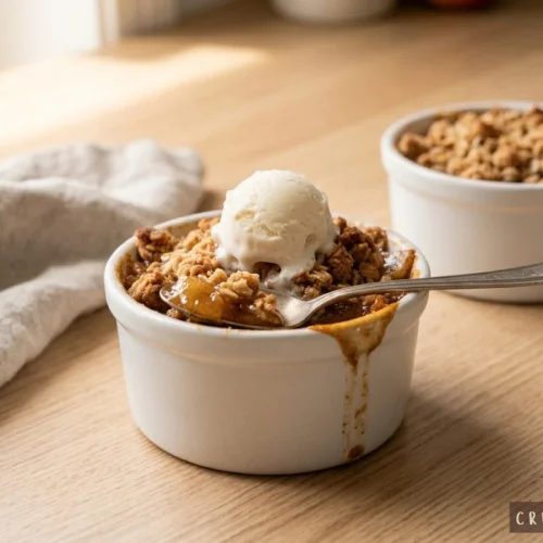 Warm individual apple crisp in a white ramekin topped with a scoop of melting vanilla bean ice cream.