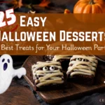 Chocolate mummy brownies and mini pumpkins on a wooden board, featuring text overlay reading "25 Easy Halloween Desserts: 5 Best Treats for Your Halloween Party".