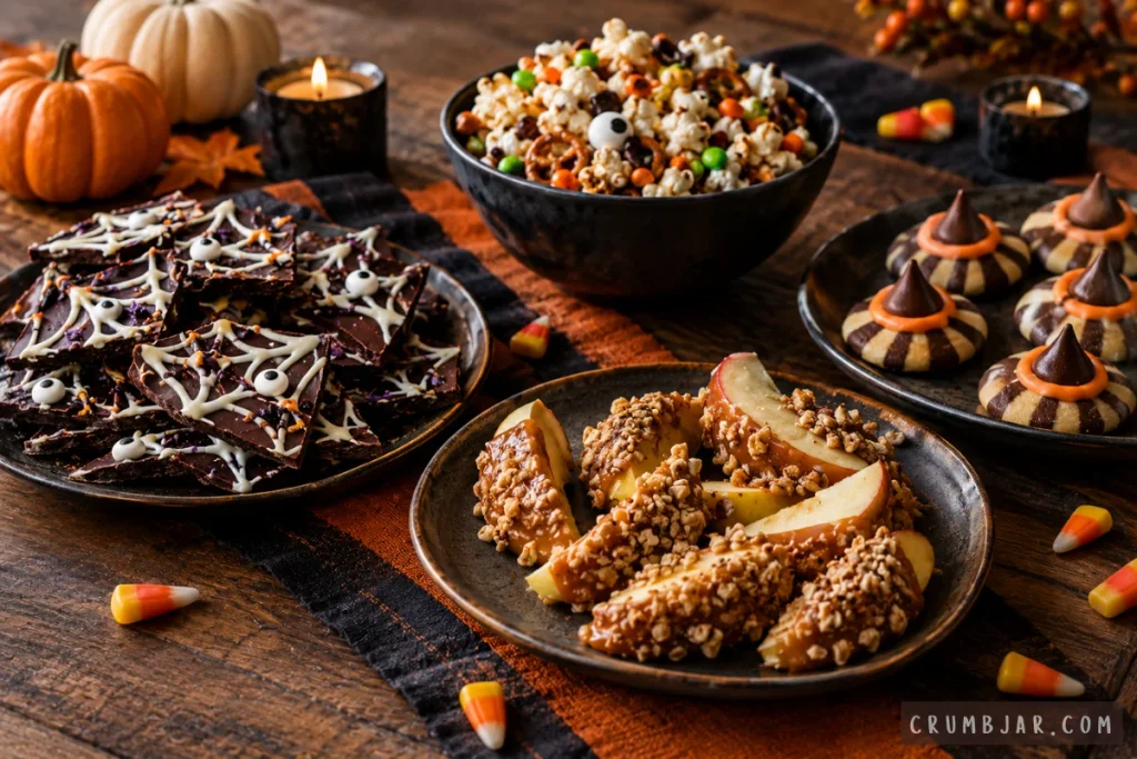 A festive spread of Halloween desserts including spiderweb chocolate bark, caramel apple slices with nuts, witch hat cookies, and monster popcorn mix on a rustic wooden table.