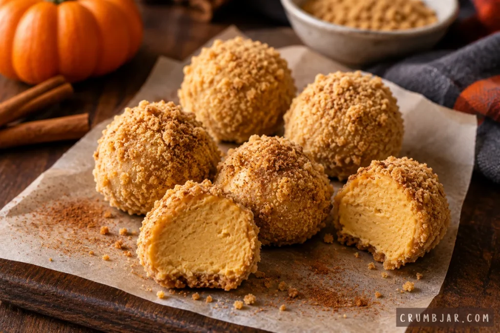 No-bake pumpkin spice cheesecake bites coated in graham cracker crumbs, served on parchment paper with a small orange pumpkin and cinnamon sticks in the background.