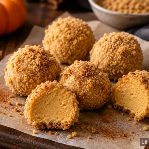 No-bake pumpkin spice cheesecake bites coated in graham cracker crumbs, served on parchment paper with a small orange pumpkin and cinnamon sticks in the background.