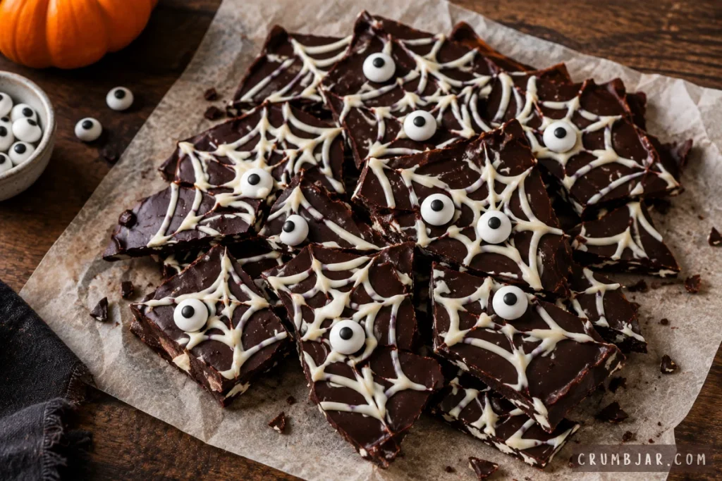 Homemade chocolate spiderweb bark with white chocolate web designs and candy eyeballs, arranged on parchment paper on a dark wooden background.
