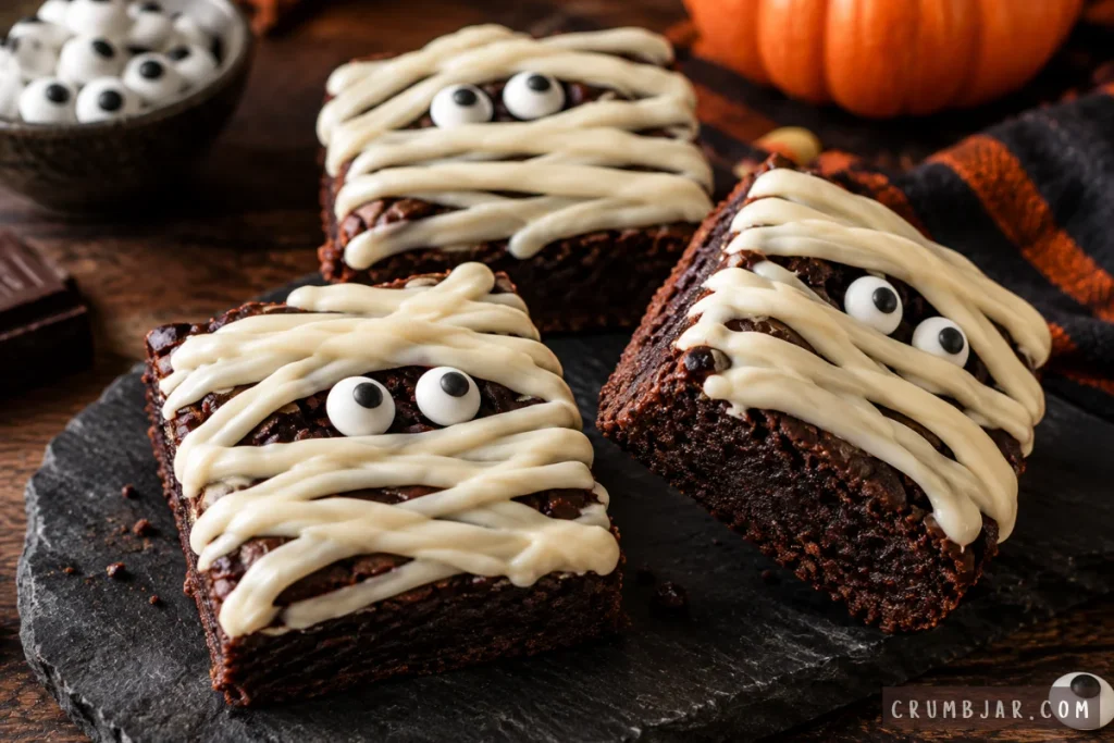 Fudgy chocolate mummy brownies decorated with white frosting bandages and candy eyeballs on a black slate tray.