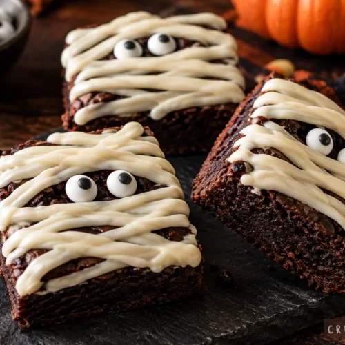 Fudgy chocolate mummy brownies decorated with white frosting bandages and candy eyeballs on a black slate tray.