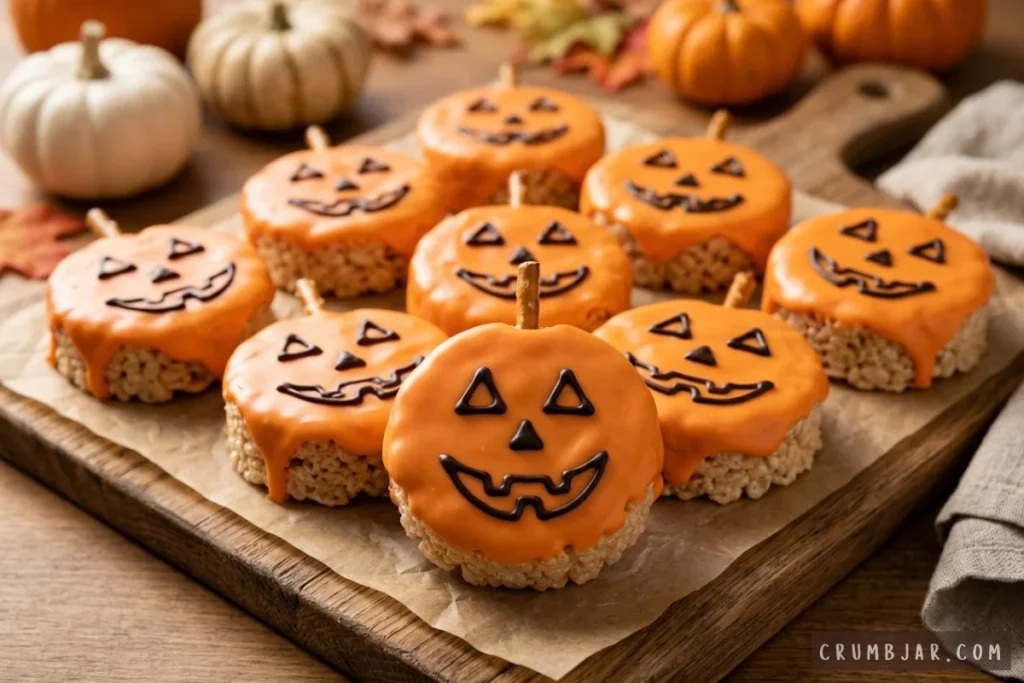 Jack-o'-lantern Rice Krispies treats topped with orange icing, chocolate jack-o'-lantern faces, and pretzel stick stems on a wooden serving board.