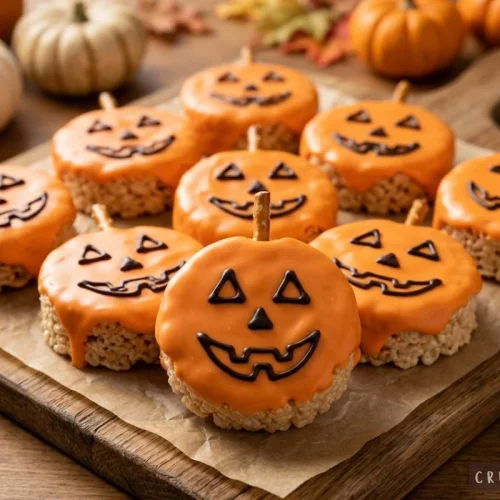 Jack-o'-lantern Rice Krispies treats topped with orange icing, chocolate jack-o'-lantern faces, and pretzel stick stems on a wooden serving board.
