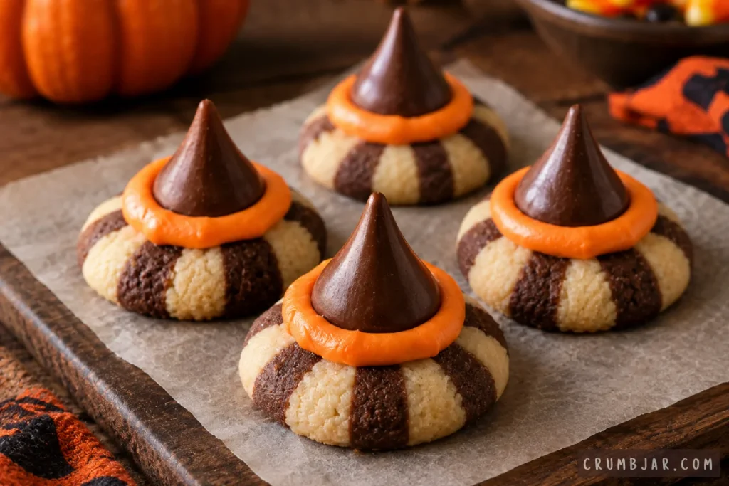 Witch hat cookies made with striped fudge cookies, orange frosting, and chocolate kisses on parchment paper.