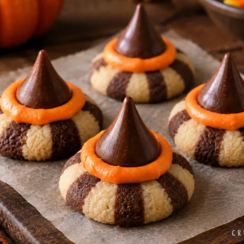 Witch hat cookies made with striped fudge cookies, orange frosting, and chocolate kisses on parchment paper.