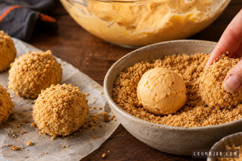 Rolling pumpkin cheesecake balls in graham cracker crumbs to make no-bake pumpkin spice cheesecake bites.