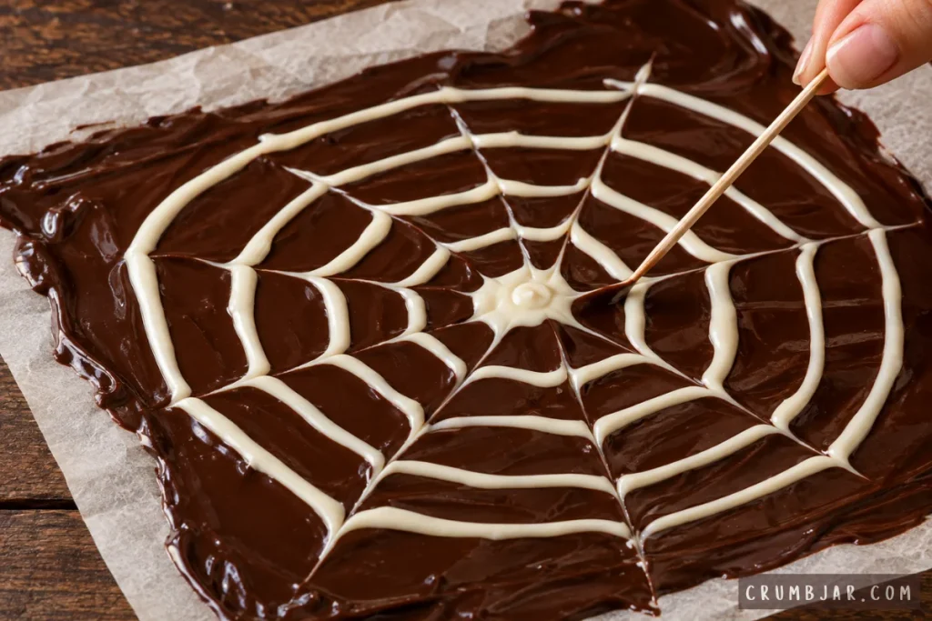 Using a toothpick to drag white chocolate lines across melted dark chocolate to create a spiderweb pattern on parchment paper.