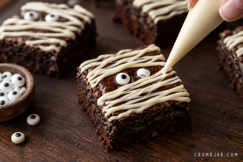 Piping white frosting bandages onto a square chocolate brownie with candy eyeballs to make Halloween mummy brownies.