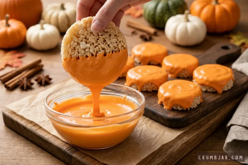 Dipping a round Rice Krispies treat into a glass bowl of melted orange chocolate to make jack-o'-lantern treats.