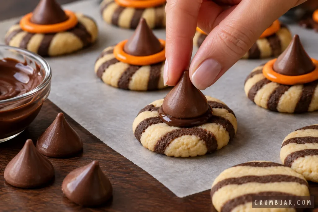 Placing a chocolate kiss onto a striped fudge cookie with melted chocolate to assemble Halloween witch hat cookies.