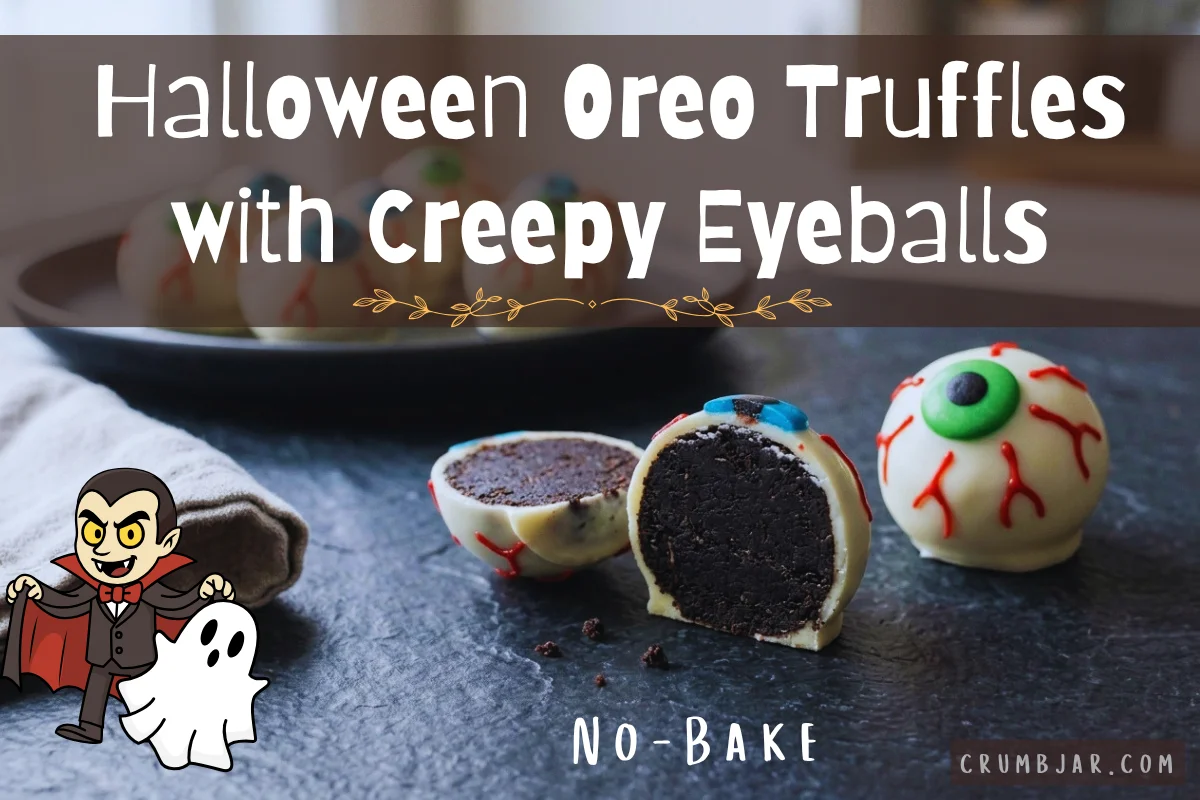 No-bake Halloween Oreo truffles decorated as creepy eyeballs coated in white chocolate, featuring a cross-section slice showing the cookie filling, with text overlay reading "Halloween Oreo Truffles with Creepy Eyeballs".