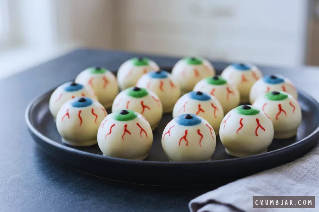 A black serving plate filled with spooky Halloween eyeball Oreo truffles coated in white chocolate with red bloodshot icing details.