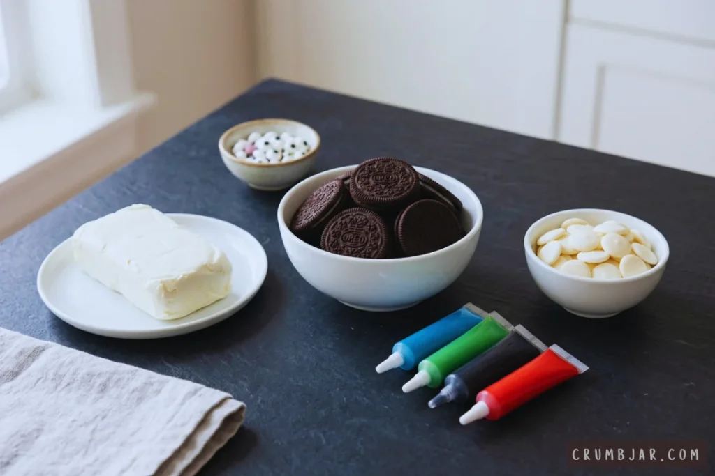 Ingredients for Halloween Oreo truffles including Oreo cookies, cream cheese, white chocolate melting wafers, candy eyes, and colored decorating icing tubes arranged on a dark surface.
