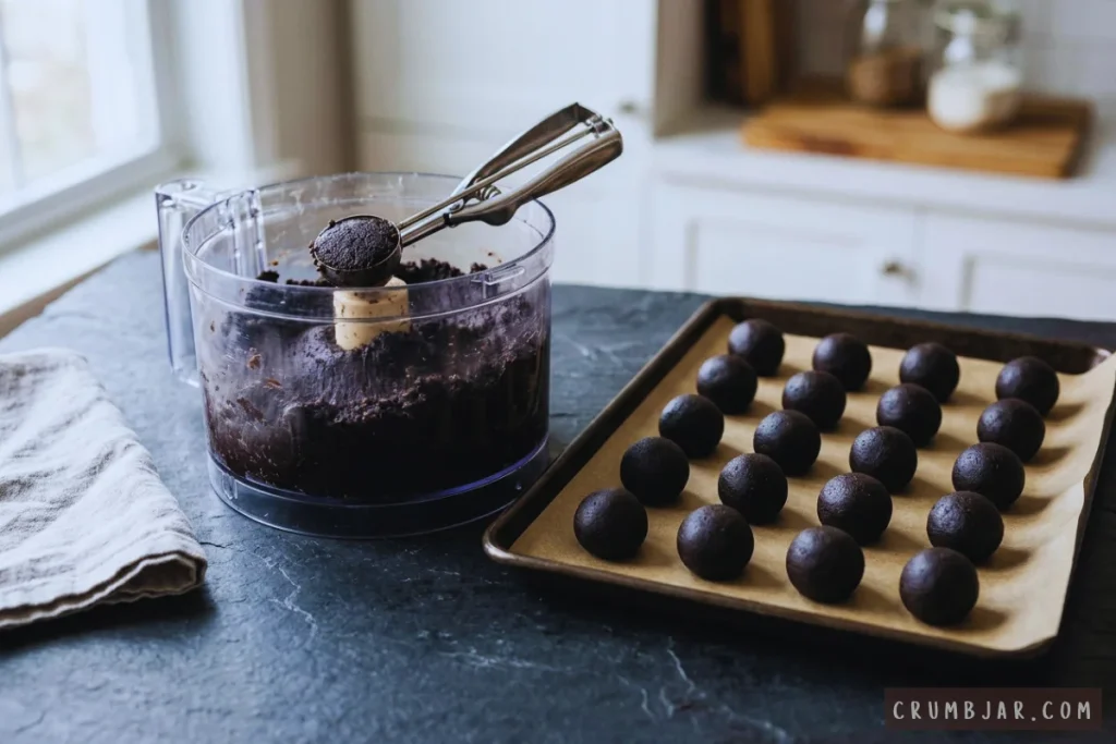 Scooping crushed Oreo cookie dough mixture out of a food processor and rolling into balls on a parchment-lined baking sheet.