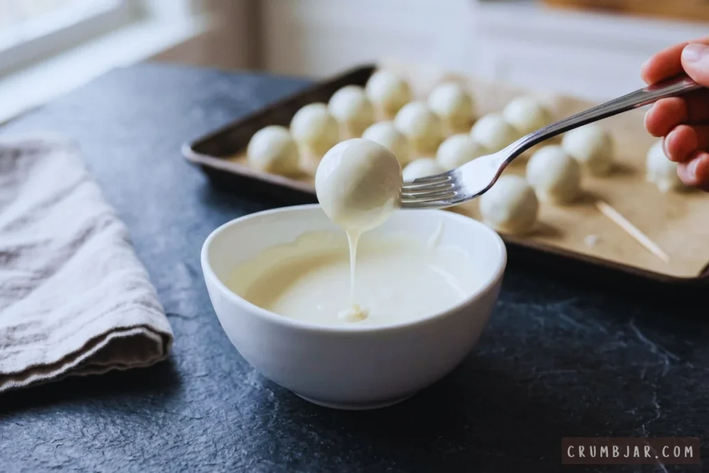 Dipping an Oreo truffle ball into melted white chocolate using a fork, allowing excess chocolate to drip back into a white bowl.