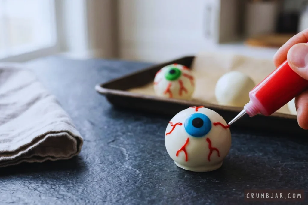Piping red gel icing onto a white chocolate-covered Oreo truffle to create bloodshot veins on a Halloween eyeball dessert.