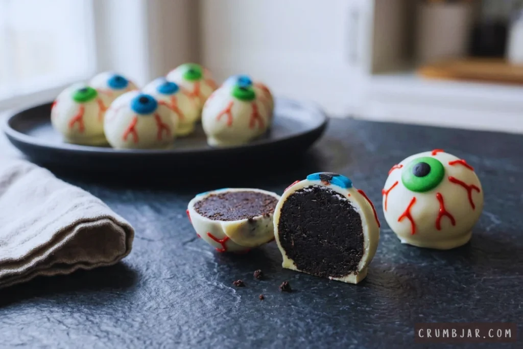 Halloween eyeball Oreo truffles displayed on a dark countertop with a sliced truffle revealing the fudgy cookie center.