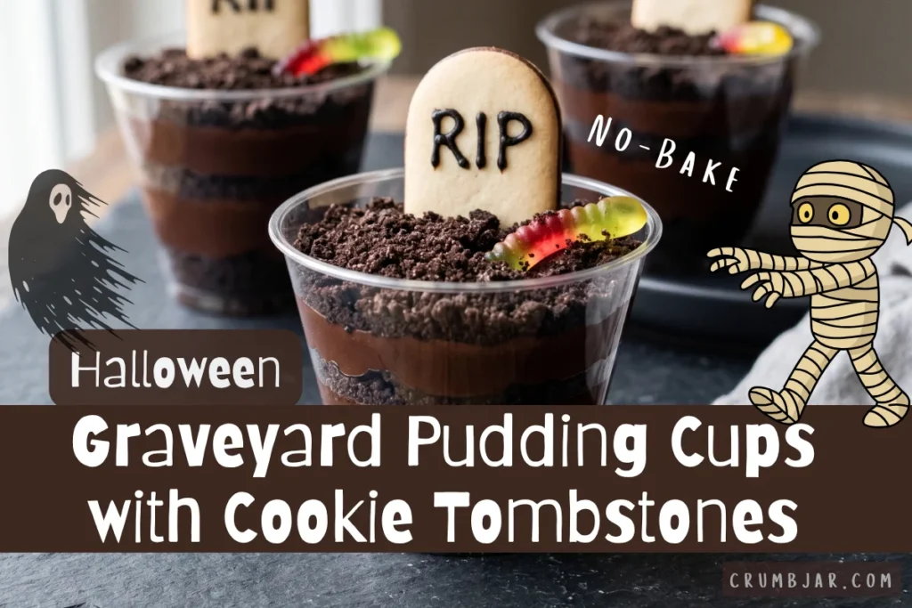 Halloween graveyard dirt cup layered with chocolate pudding and crushed cookies, topped with a Milano cookie tombstone frosted with 'RIP' and a gummy worm.