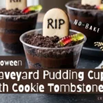 Halloween graveyard dirt cup layered with chocolate pudding and crushed cookies, topped with a Milano cookie tombstone frosted with 'RIP' and a gummy worm.