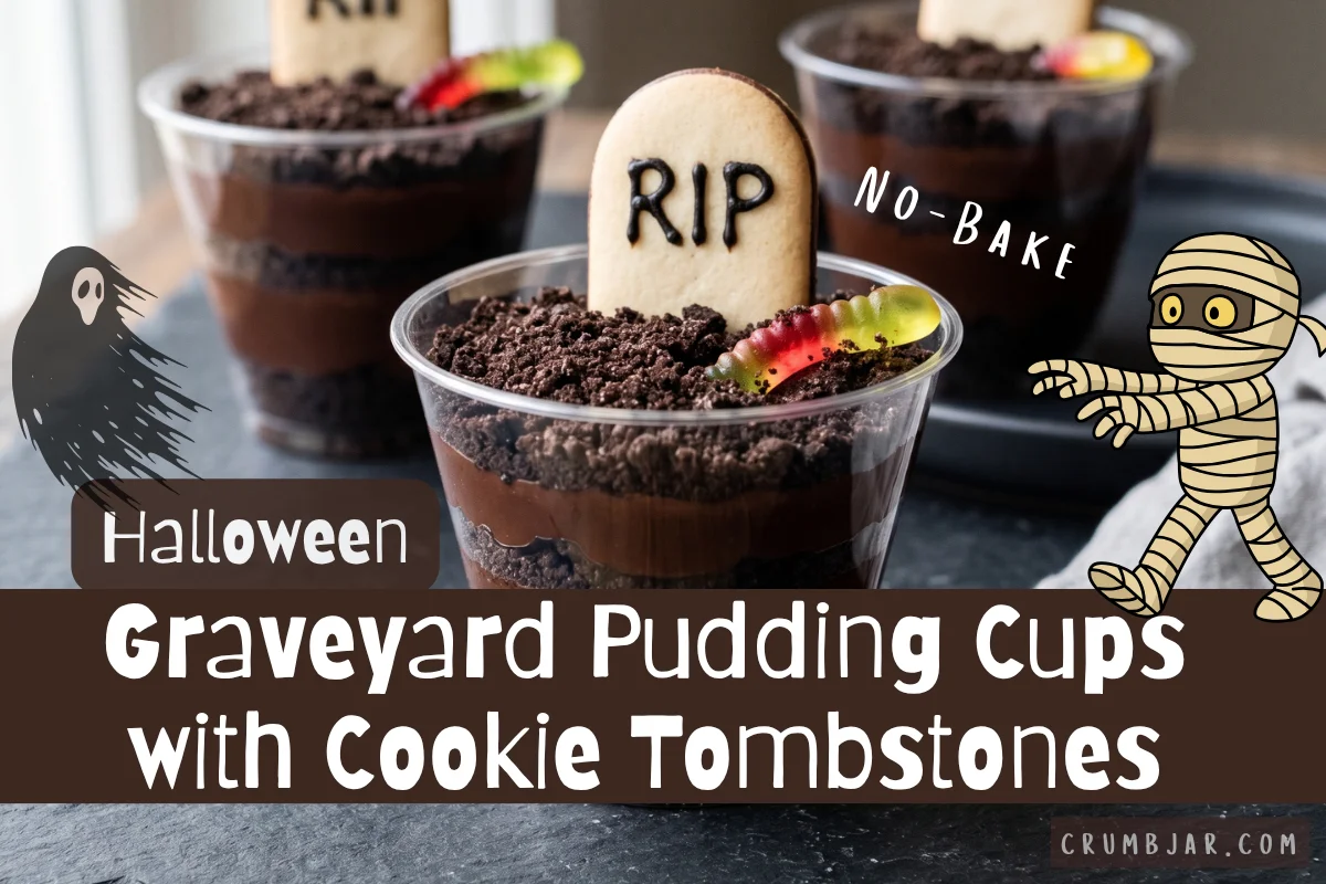 Halloween graveyard dirt cup layered with chocolate pudding and crushed cookies, topped with a Milano cookie tombstone frosted with 'RIP' and a gummy worm.