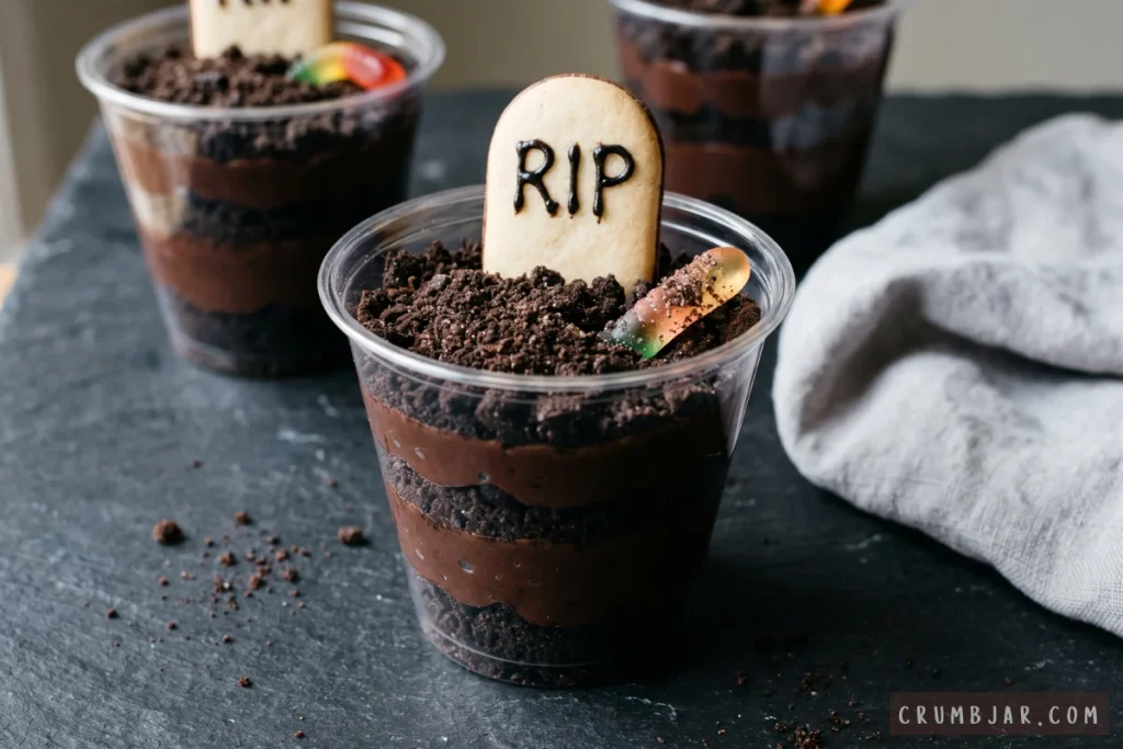 Clear cup filled with layers of chocolate pudding and crushed cookie dirt, topped with an RIP cookie tombstone and a gummy worm