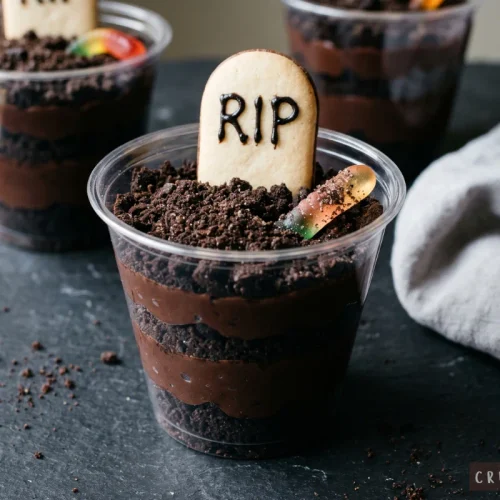Clear cup filled with layers of chocolate pudding and crushed cookie dirt, topped with an RIP cookie tombstone and a gummy worm
