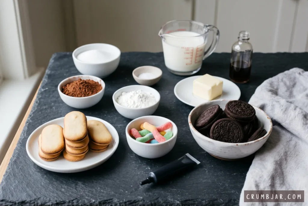 Ingredients for Halloween graveyard pudding cups, including chocolate sandwich cookies, Milano cookies, gummy worms, cocoa powder, and decorating icing laid out in bowls.
