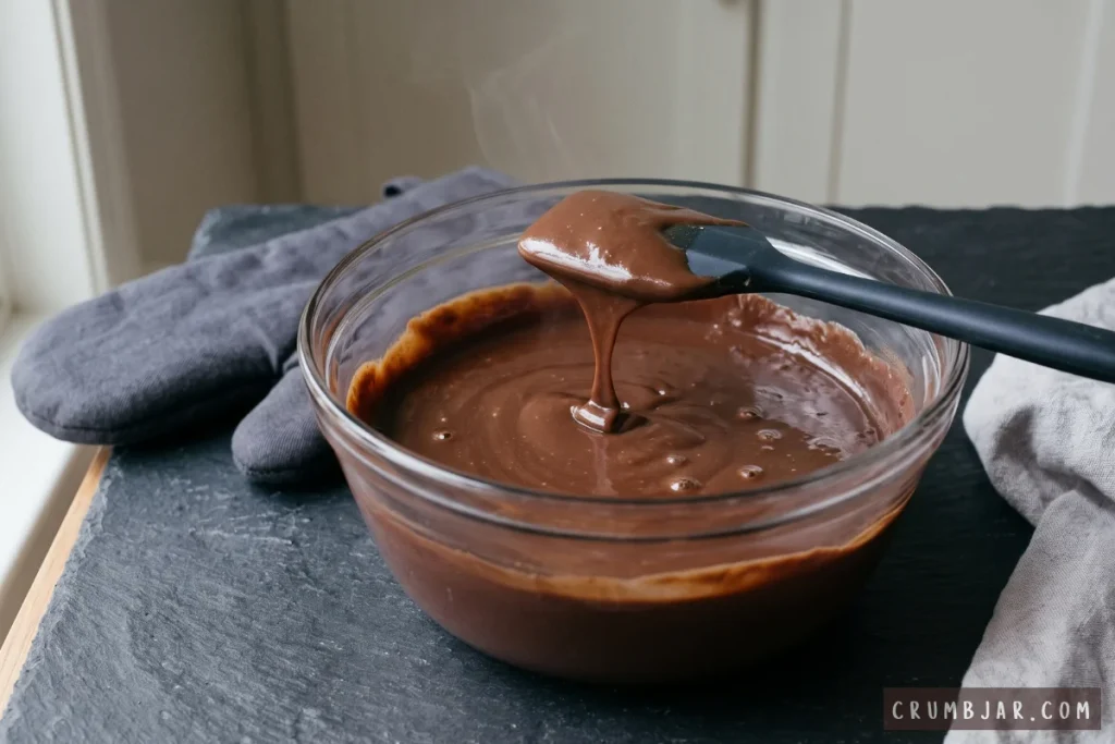 Warm, freshly cooked chocolate pudding dripping from a spatula into a glass mixing bowl