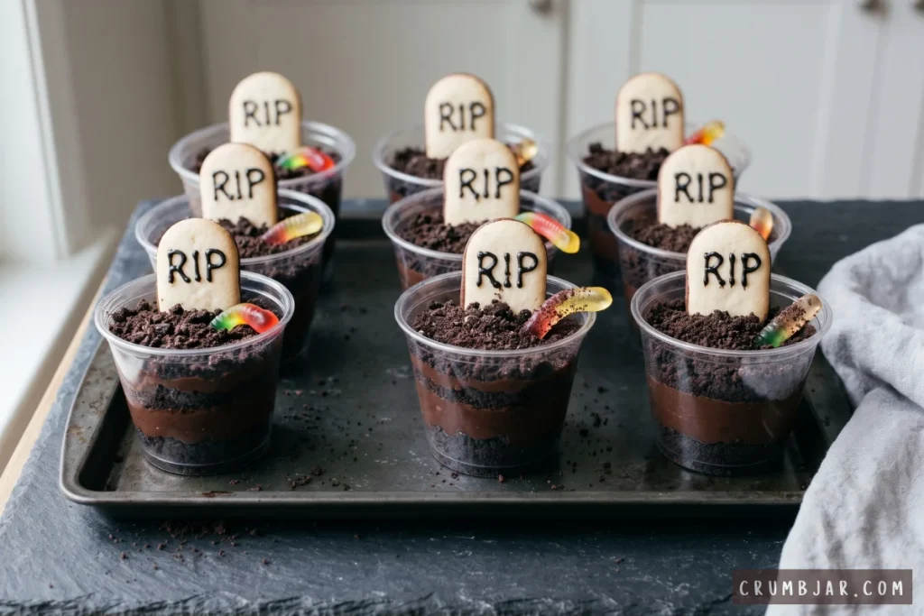 A tray of individual Halloween graveyard pudding cups topped with crushed chocolate cookie dirt, gummy worms, and RIP cookie tombstones ready for serving