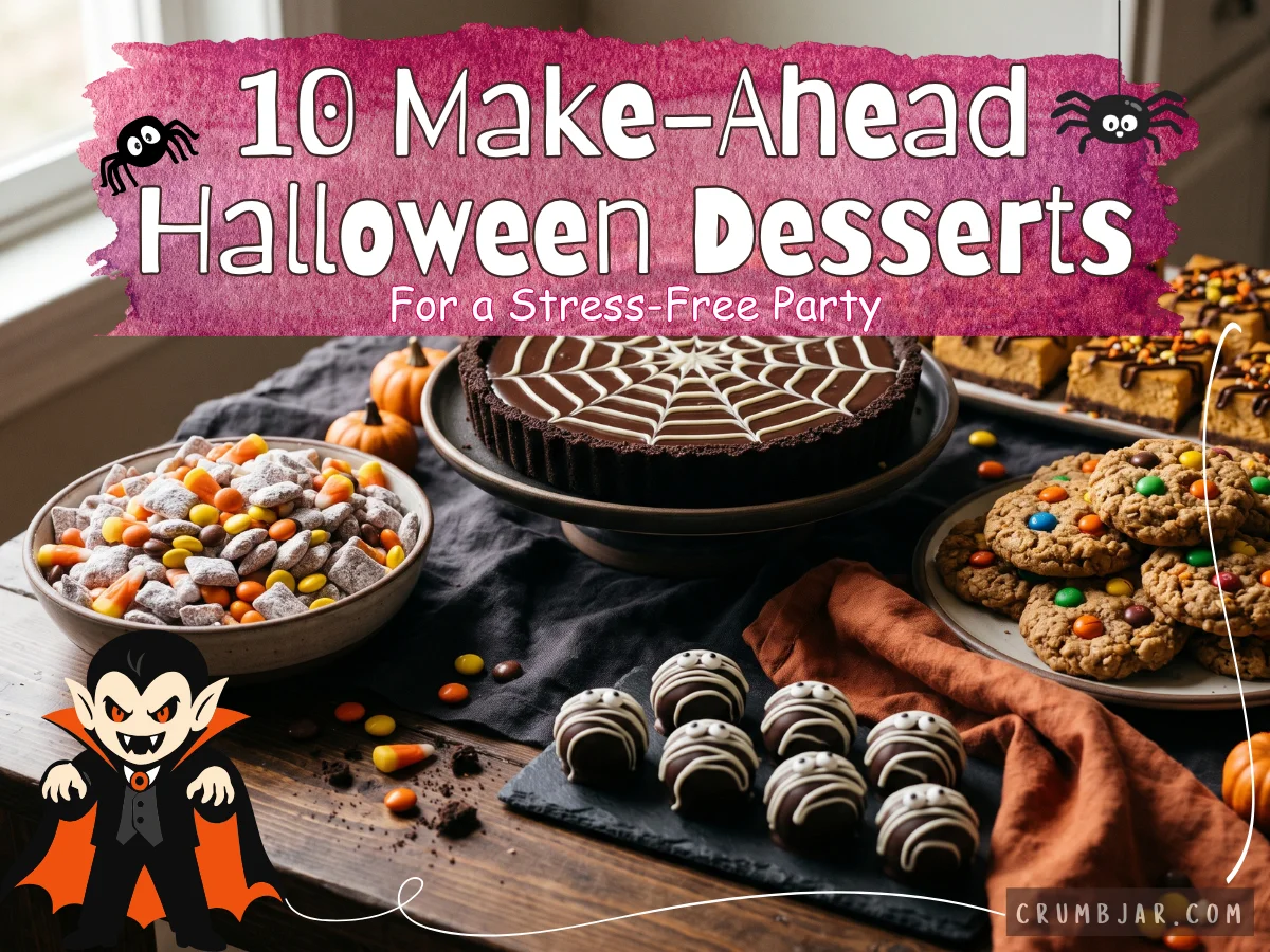 Halloween dessert table spread featuring a chocolate spiderweb tart, mummy truffles, monster cookies, muddy buddies snack mix, and pumpkin bars
