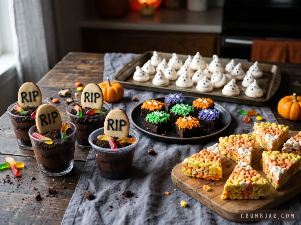 Table spread of make-ahead Halloween party desserts including graveyard dirt cups, meringue ghosts, monster brownies, and candy corn rice crispy treats