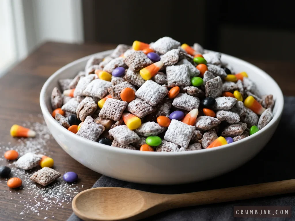 A white bowl filled with powdered sugar-coated chocolate Halloween puppy chow mixed with candy corn and colorful chocolate candies