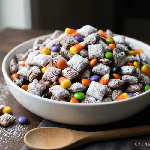 A white bowl filled with powdered sugar-coated chocolate Halloween puppy chow mixed with candy corn and colorful chocolate candies