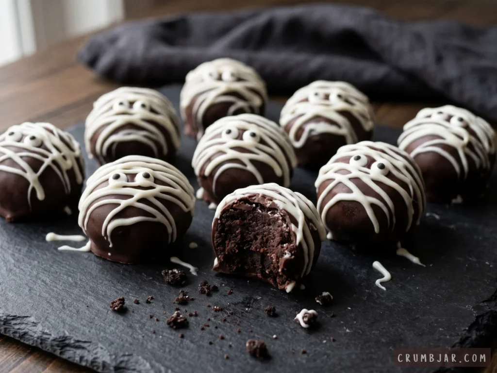 Chocolate mummy cookie truffles decorated with drizzled white candy coating and candy eyes, with one bitten in half to show the fudgy center