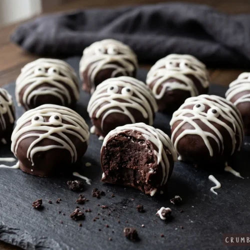 Chocolate mummy cookie truffles decorated with drizzled white candy coating and candy eyes, with one bitten in half to show the fudgy center