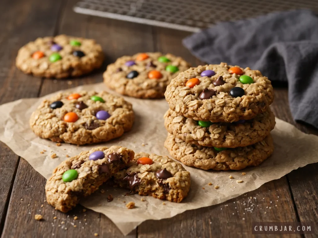 Soft-baked Halloween monster oatmeal cookies loaded with chocolate chips and colorful candy pieces, with one broken open showing a gooey chocolate center