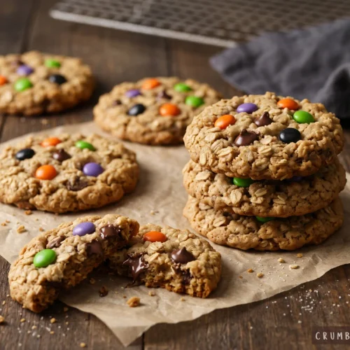 Soft-baked Halloween monster oatmeal cookies loaded with chocolate chips and colorful candy pieces, with one broken open showing a gooey chocolate center
