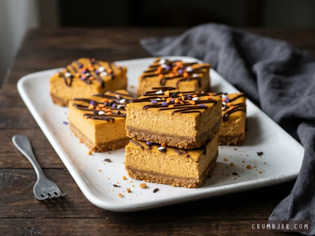 Pumpkin cheesecake bars with a graham cracker crust, decorated with chocolate drizzle and Halloween sprinkles on a white serving platter