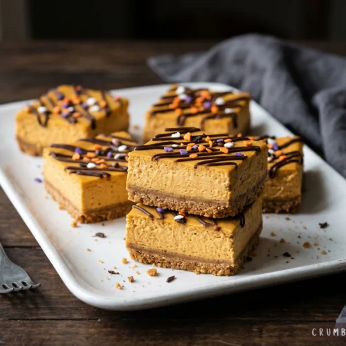 Pumpkin cheesecake bars with a graham cracker crust, decorated with chocolate drizzle and Halloween sprinkles on a white serving platter